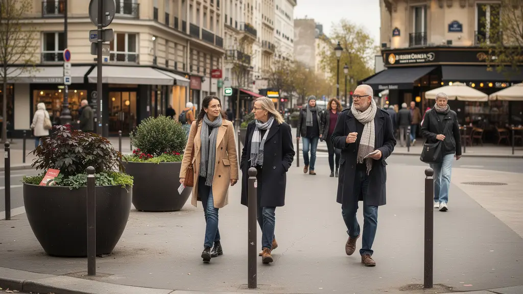 Rue piétonne française avec potelets de sécurité protégeant les piétons sur le trottoir