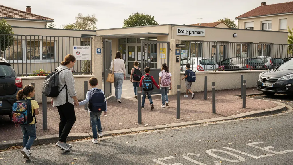 Sortie d'école française sécurisée par des barrières et potelets de protection piétonne