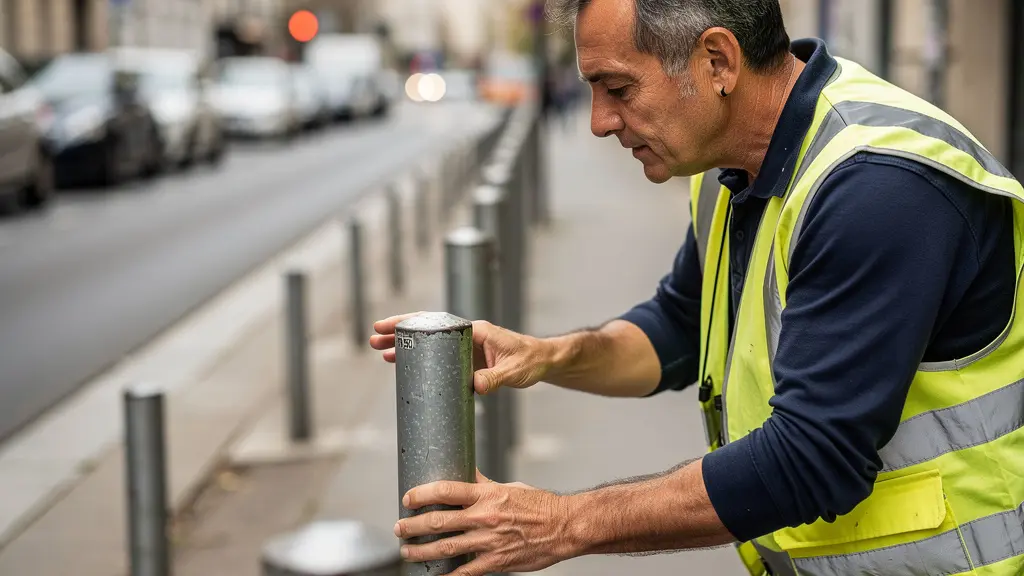 Technicien municipal inspectant un alignement de potelets de sécurité sur une voirie urbaine