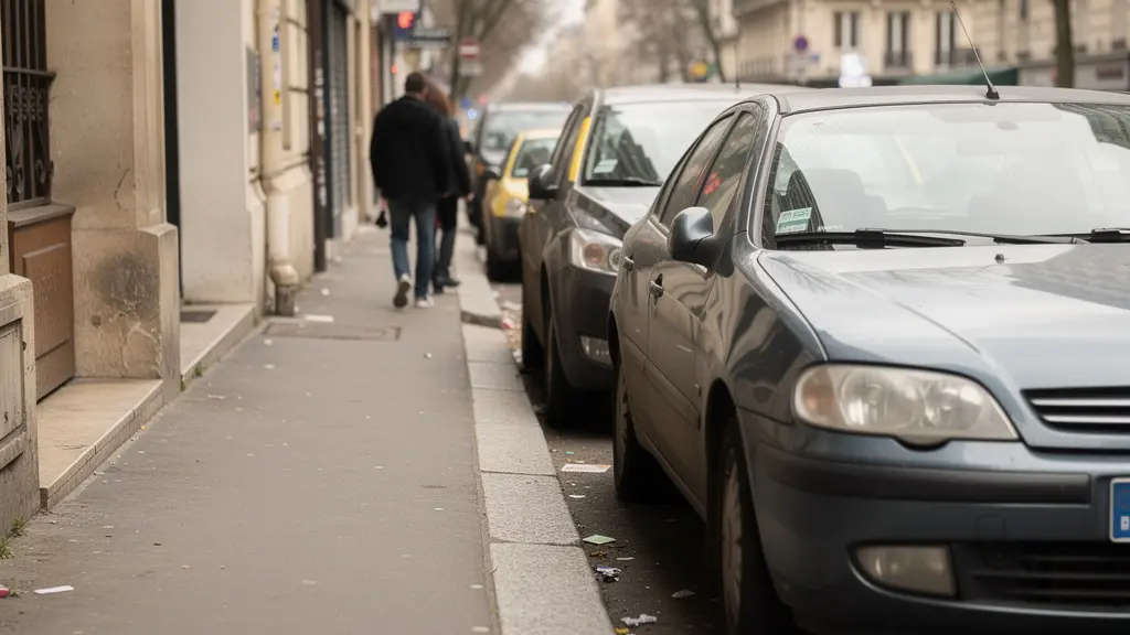 Configuration urbaine montrant un conflit d'usage entre véhicules stationnés et cheminement piéton